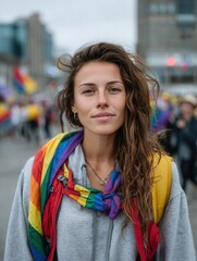 Confident young woman with curly hair wearing rainbow pride scarf and yellow backpack at pride parade