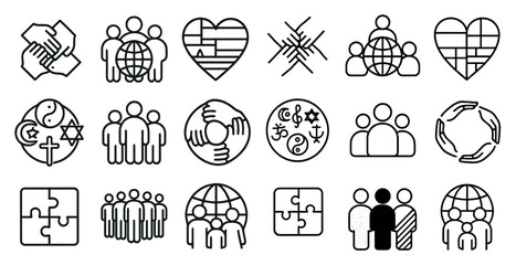 Collection of icons that represent unity and togetherness. The icons include people holding hands, a heart, a puzzle piece, and a globe