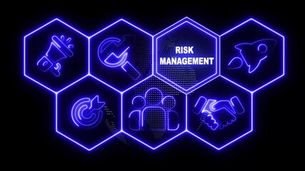 Glowing neon line Risk management concept button on a visual display. abstract technology background with rotating world map icon, Business, Technology, Internet and networking concept. - Powered by Adobe