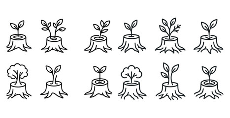 Series of drawings of trees with roots showing. The drawings are all different sizes and styles, but they all have the same basic idea of a tree with roots. The mood of the images is calm