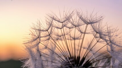 Obraz premium Close-up of dew-covered dandelion at sunrise with soft pastel sky
