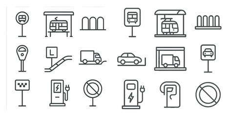 Collection of icons for various transportation and parking signs. The icons are all in black and white and are arranged in a grid