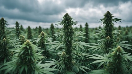 Fototapeta premium Cannabis or marijuana field, Sativa leaves weed medical hemp hash plantation under a cloudy sky