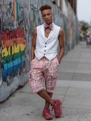 Young person in fashionable streetwear standing against graffiti wall on urban sidewalk during daytime