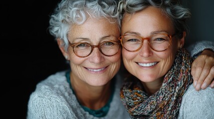 Two cheerful women with glasses are smiling warmly at the camera, showcasing a bond of friendship and joy that radiates through their friendly and inviting expressions.