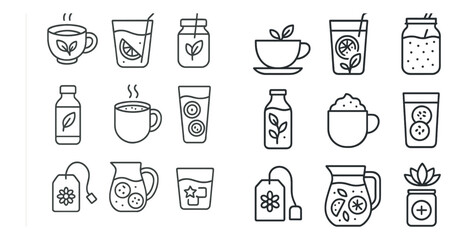 Set of images of various drinks and cups, including tea, lemonade, and iced coffee