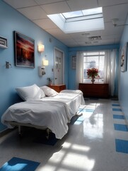 Bright hospital room with bed, skylight, vase of flowers, and sunlight on tiled floor
