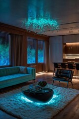 High-tech interior design with smart home AI, glowing bioluminescent decorations, futuristic projections and soothing blue lighting for a modern, beautiful and immersive living experience.
