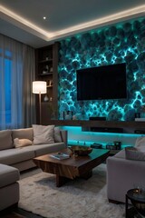 Futuristic smart home interior with AI, bioluminescent decor, blue lighting accents, high-tech surfaces and immersive projections for a beautiful, modern, next-generation living experience.
