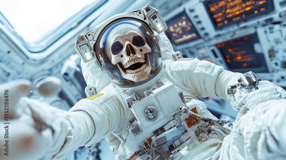 Poster this intriguing image showcases a skeleton astronaut floating in a spacecraft, highlighting the juxt