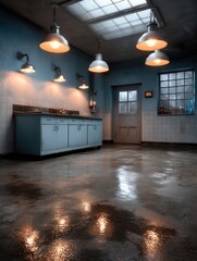 Industrial kitchen with blue cabinets and five hanging lamps, illuminated in a cold, wet environment