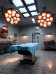 Modern surgical operating room with surgical table and overhead lights in hospital or clinic setting