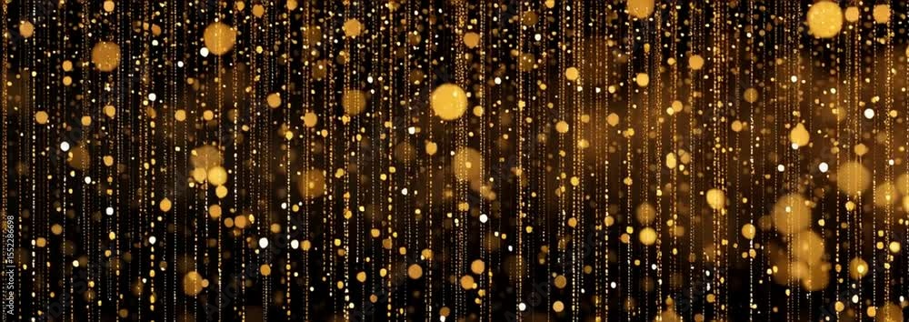 Poster bokeh: a black background with golden lights and glitter falling from the top left corner generative