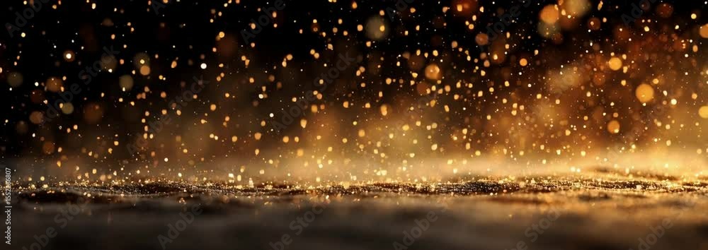 Poster dark background with bokeh lights, golden dust falling from the sky, wide-angle view generative ai