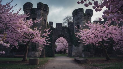 Closeup of cherry blossoms in castle ruins park with empty space for text.