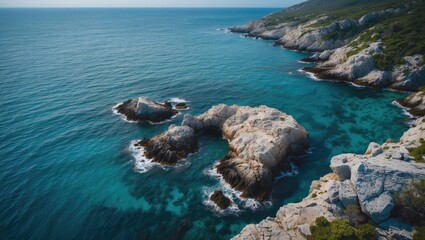 Aerial view of rocky coastline with clear blue sea and empty space for text.