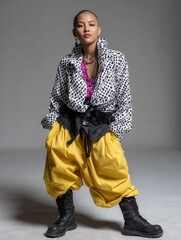 Trendy young woman in eclectic streetwear style with bold colors, polka dot jacket, and combat boots