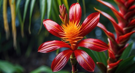 Beautiful Tropical Red Ginger Flower, Close-Up with Space for Text