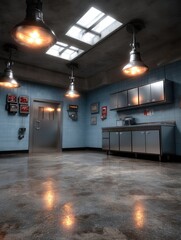 Industrial Kitchen or Laboratory with Stainless Steel Equipment and Blue Tiled Walls Under Skylight