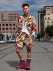 Fashion-forward young person in colorful patchwork outfit with pink boots standing on city street