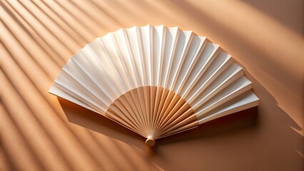 Elegant Cream and Beige Hand Fan, Soft Light, Minimalist Aesthetic, Calm Mood, Sunlit Background.