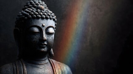 Statue of Buddha is shown with a rainbow in the background, highlighting serene spiritual meditation and tranquility.