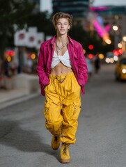 Fashionably Casual Young Woman Walking on City Street at Dusk in Trendy Streetwear Outfit