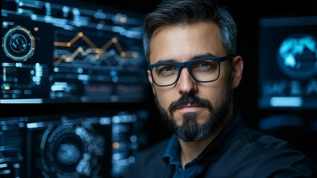 Data Analyst Portrait: A Serious Man in Front of Monitors Showing Graphs and Charts