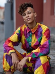 Young woman with short curly hair wearing colorful patchwork outfit and glasses sitting outdoors