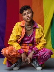 Fashion-forward young woman with edgy hairstyle and colorful urban outfit against rainbow backdrop