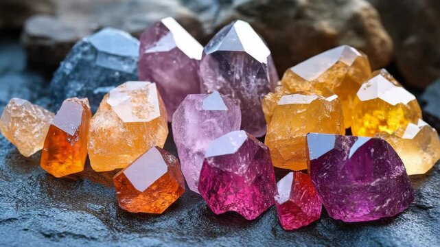 Assorted raw colorful crystals including amethyst, citrine, and garnet placed on a dark textured background, concept of natural gemstones