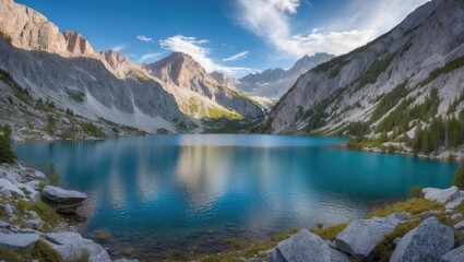 Obraz premium Alpine lake panorama between rocky mountains with clear blue water and surrounding rugged terrain. Nature and landscape scenery. Mountain scenery with lake view.