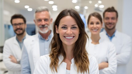A diverse team of healthcare professionals in white coats stands smiling, ready to provide expert care in a modern medical setting.