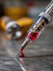 Close-up of a syringe with red liquid and blood drop on a metallic surface with blurred background