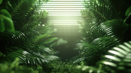 A dense jungle with lush greenery and soft light filtering through leaves creates an enchanting atmosphere, inviting exploration into the vibrancy of nature's untouched beauty.