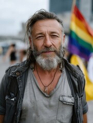 Aging Man with Beard at Pride Parade Holding Rainbow Flag, Expressing Confidence and Pride