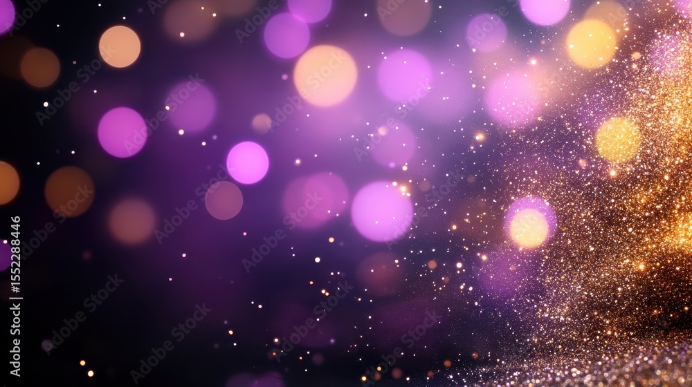 Poster an enchanting abstract background featuring vibrant purple and golden bokeh lights, creating a mysti
