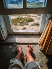 Child's Feet Inside an Old House Looking Out the Window to a Rural Scene