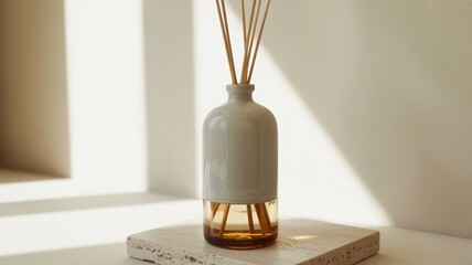 Minimalist ceramic oil diffuser on marble base with reed sticks and soft shadows