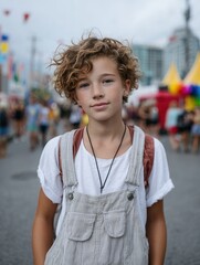 Young girl with curly hair and freckles at outdoor event with colorful tents and blurred crowd background
