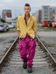 Young androgynous person with a modern punk style walking on railway tracks outdoors