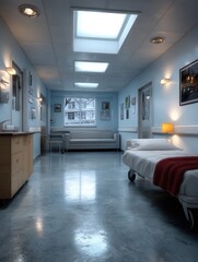 Modern hospital room with bed, bright overhead lighting, and winter scene outside window