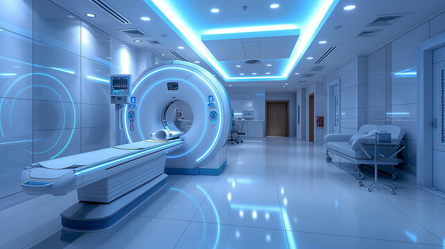 Futuristic MRI scanning room with glowing blue lighting and high-tech medical equipment. Sleek, sterile hospital interior for healthcare, diagnostics, and innovation-focused visual content.