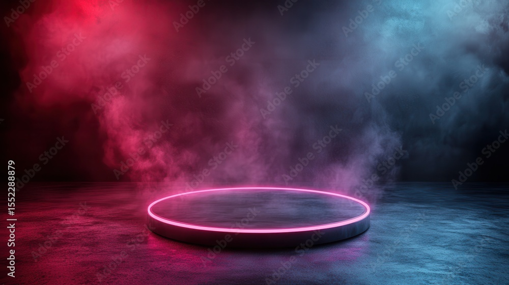 Poster a close-up of a mysterious stage illuminated by neon lights and enveloped in fog, creating a captiva
