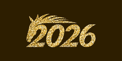 Glitter texture design featuring "2026" with a zodiac horse shape, celebrating the new Chinese year. Asian-style vector is ideal as a greeting card, Chinese New Year banner, poster, or cover template.