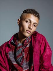 Portrait of a confident young person with short curly hair and a stylish outfit against a neutral background