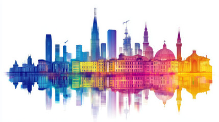 Obraz premium A vector illustration of Milan, Italy's city skyline featuring colorful buildings and their reflections, isolated on a white background. The design highlights the city's iconic landmarks 