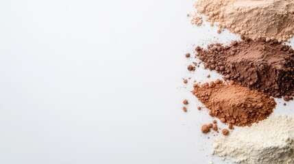An organized display of various fine powders, including colors and textures, arranged aesthetically on a clean white surface, symbolizing creativity and diversity.