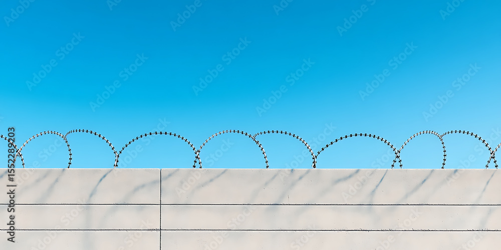 Poster barbed wire crowns a concrete wall against a backdrop of clear blue sky, creating a stark yet visual