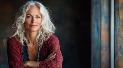 Fototapeta premium A captivating portrait of a confident mature woman with luxurious silver hair, radiating positivity and wisdom through her natural expression in a relaxed setting.